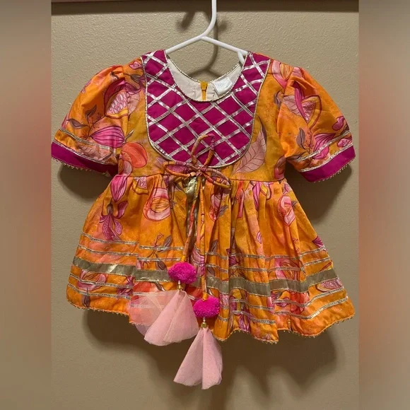 RARE Lil Glam - Orange Floral Printed & Lace Detailing Peplum Top - Size 1-2 - Picture 5 of 9